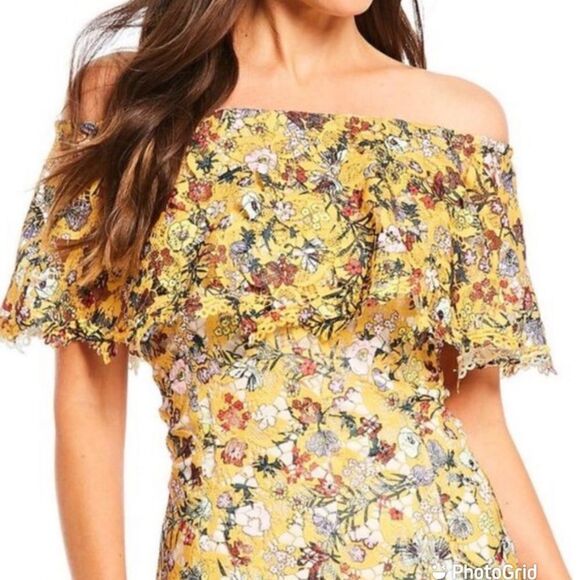 New ALEX MARIE Yellow Floral Lace Off The Shoulder Midi Dress Fit & Flare Size 2 - Picture 4 of 16